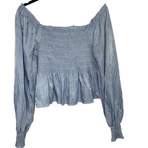 CANDIES Blouse Smocked Long Sleeve Off Shoulder Shimmer Top Womens L Light Blue